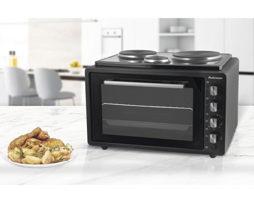 Čierno lakovaná mini rúra s dvoma varnými platňami a tanierom pečeného kuraťa