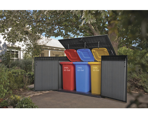 Skriňa na smetné nádoby s tromi smetnými nádobami s objemom 240 litrov v záhrade
