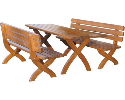 Záhradný stôl z dreva s dvoma lavicami