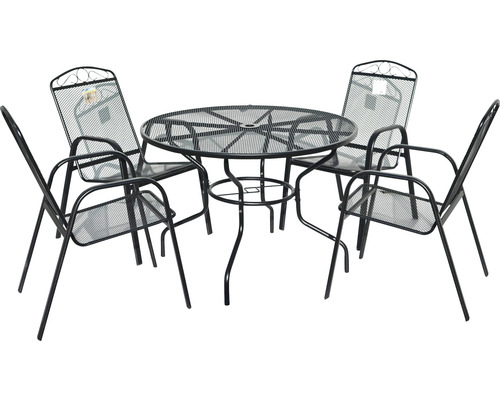 Záhradný stôl so súpravou okrúhleho stola a štyroch kovových stoličiek