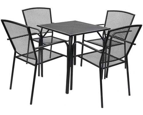 Záhradná súprava so štvorcovým stolom a štyrmi stoličkami z kovovej sieťoviny