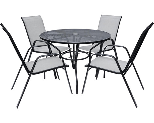 Záhradná stolová zostava s okrúhlym stolom a štyrmi stoličkami