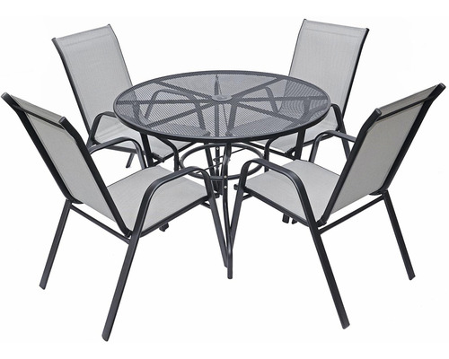 Záhradný stôl so štyrmi stoličkami z kovu a textilného poťahu