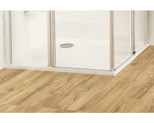 Detailný záber sprchy so sprchovou vaničkou a sklenenými dverami.