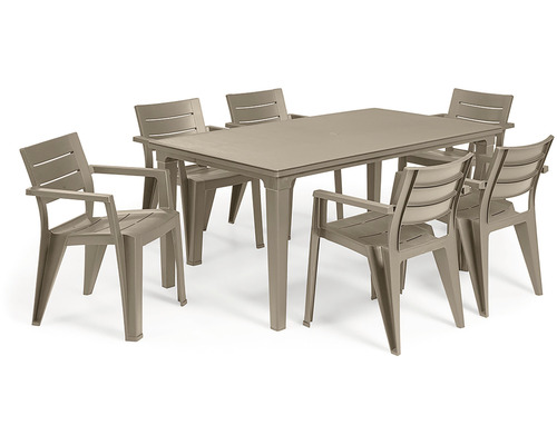 Záhradný stôl so šiestimi záhradnými stoličkami z plastu