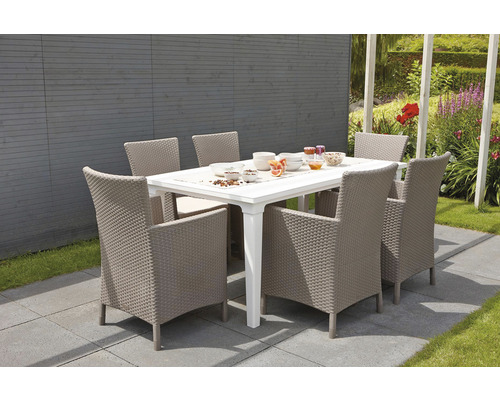 Záhradná scéna s jedálenským stolom a šiestimi stoličkami