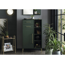 Scéna so zelenou skrinkou so zásuvkami a policami, zlatými úchytkami a nohami a dekoratívnymi predmetmi.