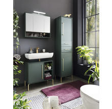 Moderná kúpeľňa s umývadlom, zrkadlovou skrinkou a vysokou skriňou v tmavozelenej farbe