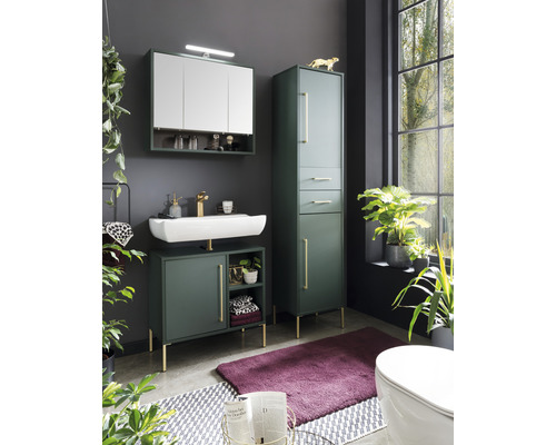 Moderná kúpeľňa s umývadlom, zrkadlovou skrinkou a vysokou skriňou v tmavozelenej farbe