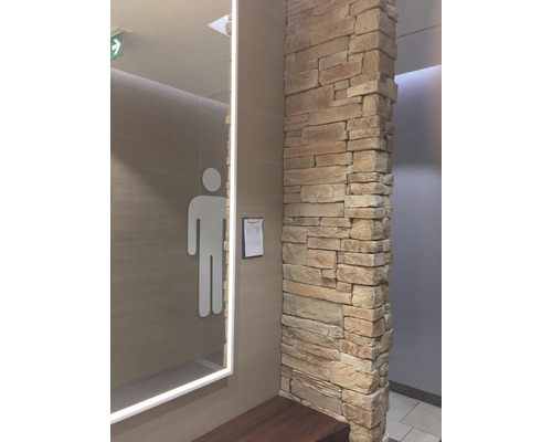 Pánske WC so zrkadlom, piktogramom a kamennou stenou