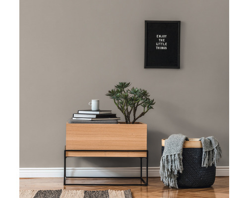 Dekoratívny interiér s rastlinami, hromadou kníh, drevenou skriňou a košom