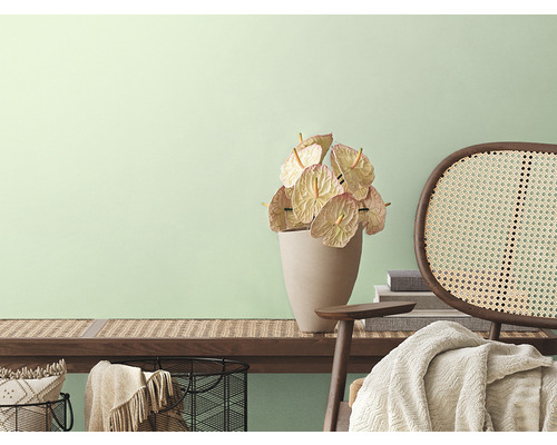 Dekoratívna miestnosť s drevenou lavicou, antúriami, ratanovým kreslom a bytovými doplnkami