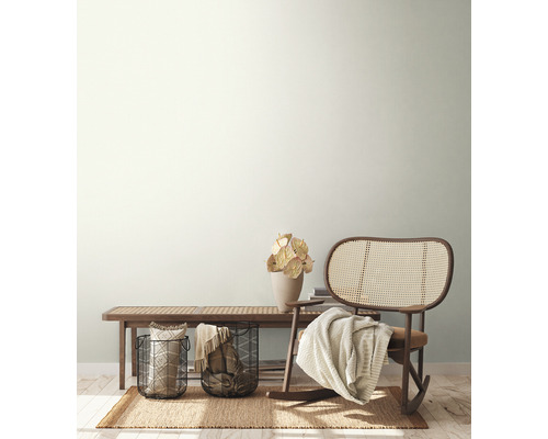 Obývacia izba s ratanovým kreslom, drevenou lavicou, rastlinami a dekoráciou na koberci