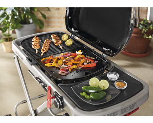 Gril s grilovanými surovinami ako zelenina a mäsové špízy