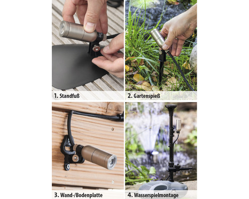 Štyri možnosti montáže záhradného svietidla: základňa, zemný hrot, nástenná montáž a montáž vodnej hry