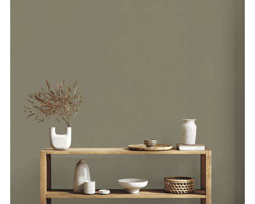 Obkladové dlaždice v obývacej izbe s drevenou policou a dekoráciou