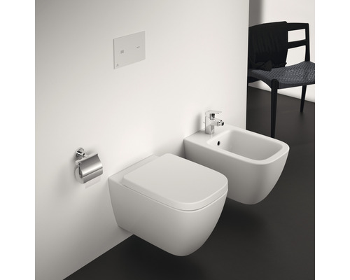 Moderná kúpeľňa so závesným WC a bidetom, splachovacím tlačidlom a držiakom toaletného papiera