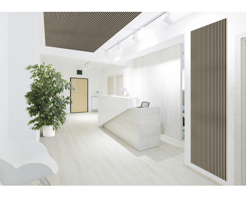 Svetlá recepcia s dreveným lamelovým stropom, recepciou a izbovou rastlinou