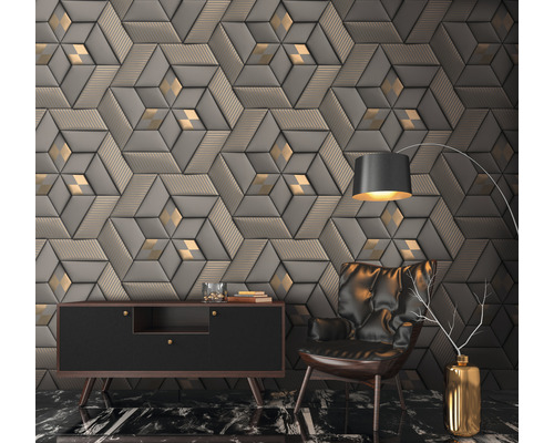 Obývacia izba s trojrozmerným obkladom stien, príborníkom, kreslom a stojacou lampou