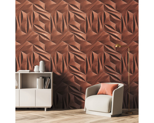 Obývacia izba s trojrozmerným stenovým panelom, kreslom a knižnicou