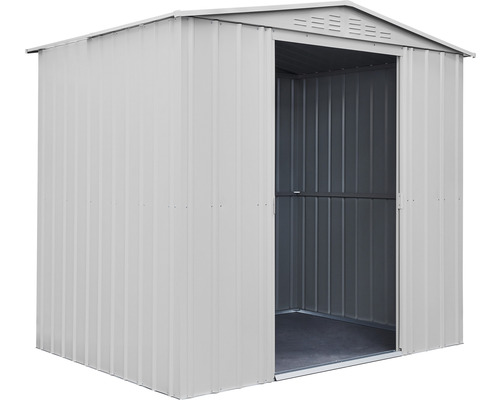 Kovový záhradný domček s otvorenými dverami