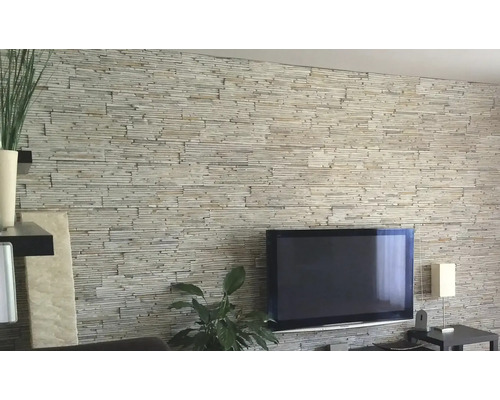 Obývacia izba s obkladom stien z prírodného kameňa a televízorom