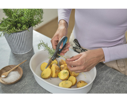 Žena strihá rozmarín záhradnými nožnicami na zemiaky