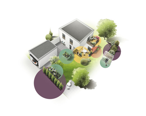 Pohľad zhora na dom so záhradou, terasou, balkónom, skleníkom a garážou