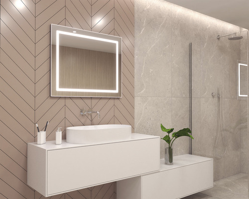 Moderná kúpeľňa s osvetleným zrkadlom, umývadlom a sprchou