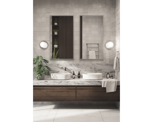 Kúpeľňa s dvojitým umývadlom, zrkadlom a rastlinami