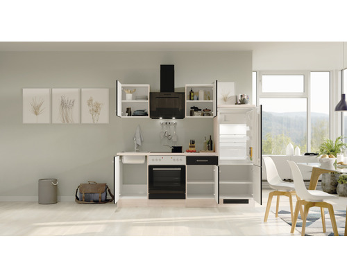 Kompletná kuchyňa s umývadlom, sporákom, digestorom a chladničkou vo svetlej miestnosti