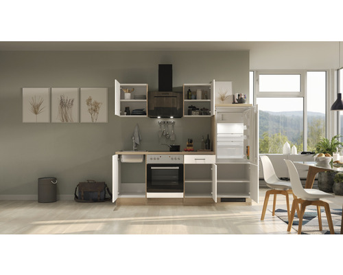 Kompletná kuchynská linka s drezom, sporákom, rúrou, digestorom a chladničkou pre funkčné vybavenie kuchyne.