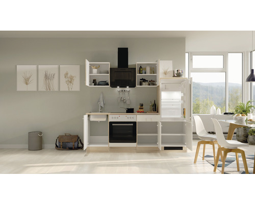 Moderná vstavaná kuchyňa s elektrickými spotrebičmi, drezom, pracovnými doskami a veľkým úložným priestorom v skriniach a zásuvkách.