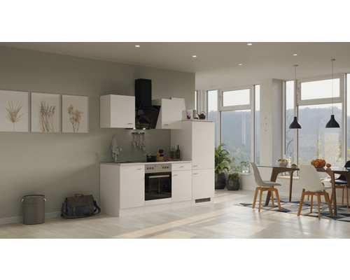 Svetlá kuchyňa s kuchynskými skrinkami, digestorom, drezom a jedálenským priestorom