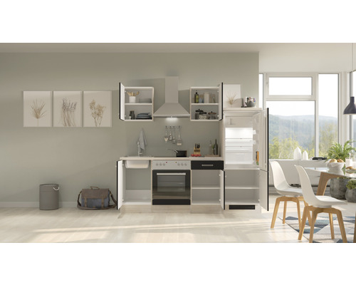 Moderná kuchyňa s drezom, sporákom, digestorom, skrinkami a chladničkou vo svetlej izbe.