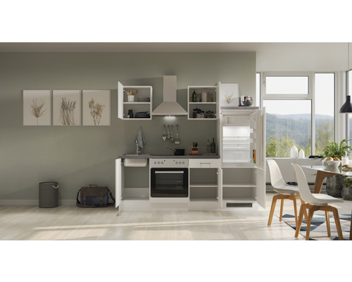 Moderná vstavaná kuchyňa s drezom, varnou doskou, rúrou, digestorom a chladničkou