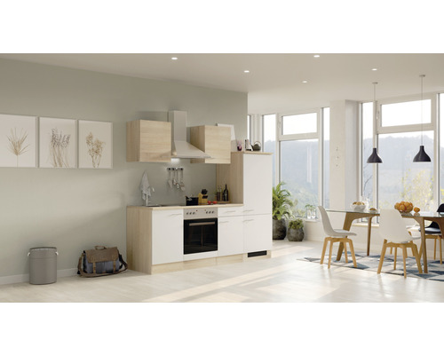 Svetlá kuchyňa s jedálenským kútom, vrátane kuchynských skriniek, drezu, sporáka a digestora.