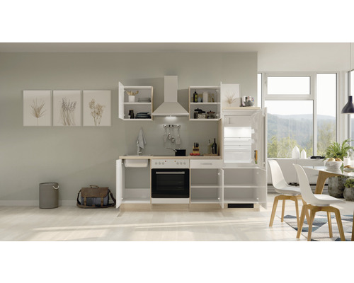 Vstavaná kuchyňa s drezom, sporákom, digestorom a chladničkou v svetlej miestnosti.