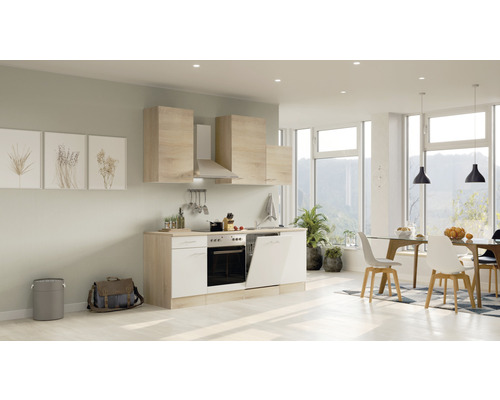 Svetlá kuchyňa s hornými a dolnými skrinkami, digestorom, drezom a umývačkou riadu v priestrannej obývacej izbe