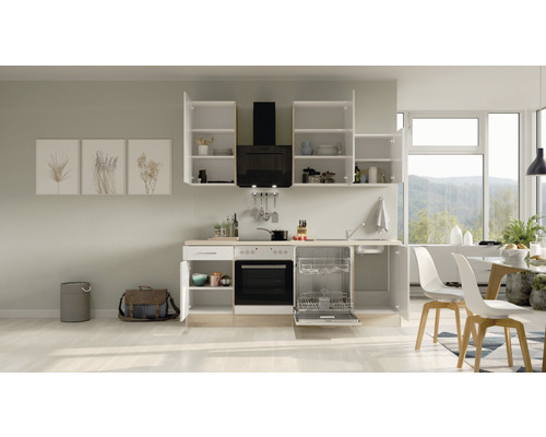 Kuchynská linka so závesnými skrinkami, drezom, umývačkou riadu a elektrospotrebičmi