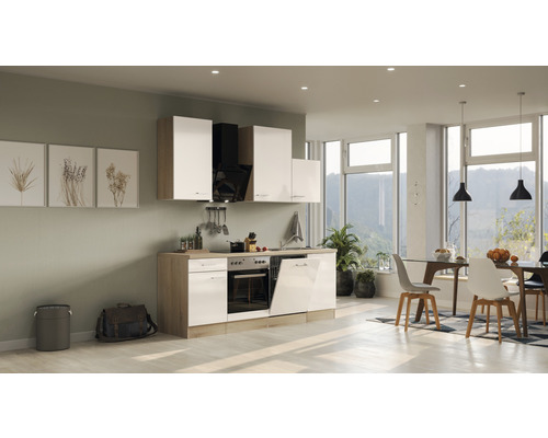 Moderná kuchyňa so závesnými skrinkami, digestorom, rúrou a umývačkou riadu vo svetlej izbe.