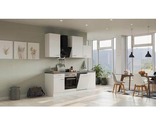 Svetlá kuchyňa s bielymi skrinkami, drezom, sporákom a digestorom v modernom interiéri.