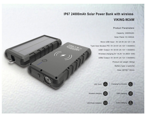 Solárna powerbanka s kapacitou 24000 mAh a bezdrôtovou funkciou