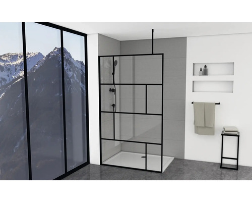 Walk In Aurlane 120 cm farba rámu čierna dekor skla priemyselný dizajn FAC588o Moderná kúpeľňa so skleneným sprchovacím kútom a čiernym rámom