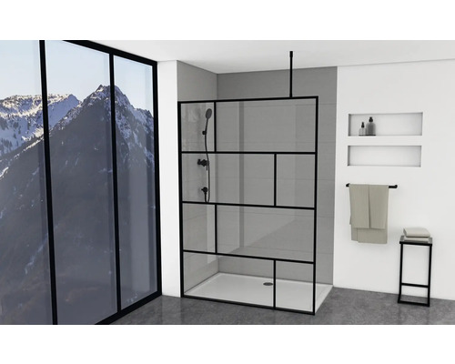 Walk In Aurlane 140 cm farba rámu čierna dekor skla priemyselný dizajn FAC589o Kúpeľňa so sprchovacím kútom v industriálnom dizajne, sprchovacou armatúrou a úložným priestorom