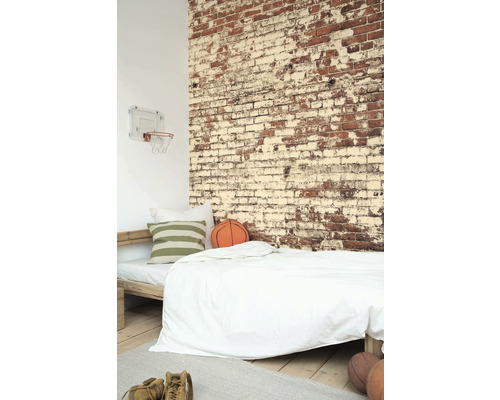 Izba s posteľou, tehlovou stenou a basketbalovým košom