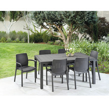 Záhradná scéna s čiernym záhradným stolom a šiestimi čiernymi stoličkami na terase so stromami v pozadí.