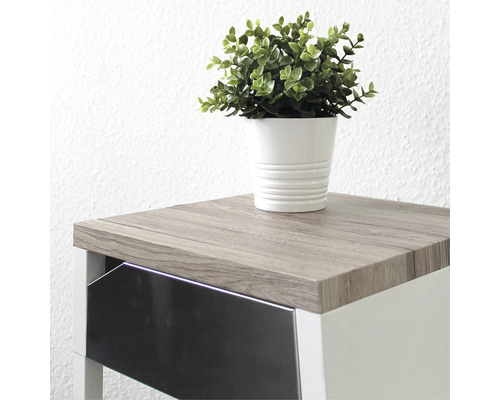 Malý stolík s drevenou doskou a rastlinou v kvetináči