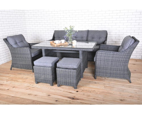 Záhradný nábytok so sedačkou, dvoma kreslami, dvoma stoličkami a stolom so sklenenou doskou