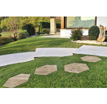 Záhradná krajina s trávnikom a cestou z kamenných dosiek